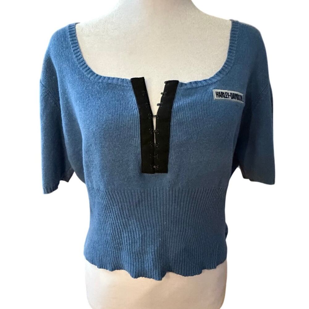 RARE Harley Davidson x Womens Blue and Black Feminine Knit Blouse Size large